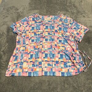 Alfred Dunner Woman 2X Top Short Sleeve Blue Pink Geometric Grid Side Cinch